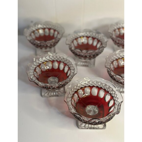 VTG Westmoreland Ruby Red Glass Compote Dishes Thumbprint Crimped Edge, Set of 6 - Picture 3 of 9